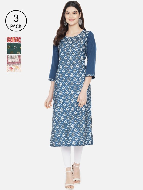 

7Threads Women Pack of 3 Ethnic Motifs Printed Crepe Kurta, Blue