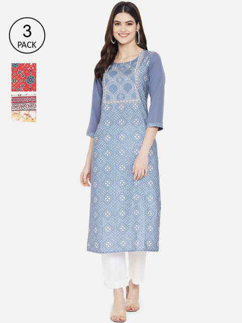 

7Threads Women Pack of 3 Printed Kurtas, Blue