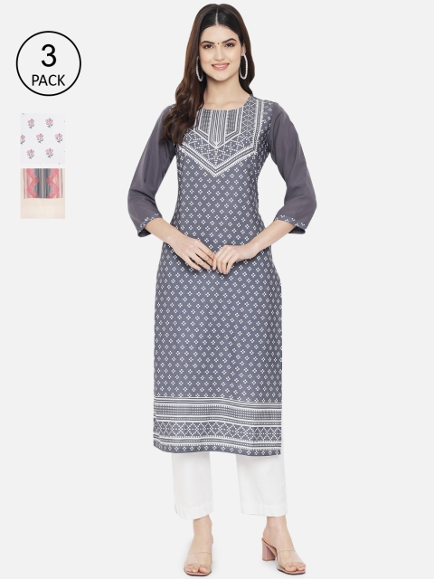 

7Threads Pack of 3 Women Ethnic Motifs Printed Crepe Kurta, Multi