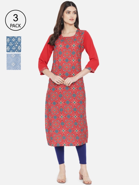 

7Threads Women Multicoloured Pack of 3 Geometric Printed Crepe Kurta, Multi