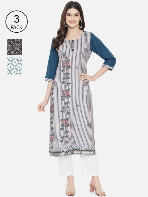 

7Threads Women Multicoloured Floral Striped Crepe Kurta, Multi