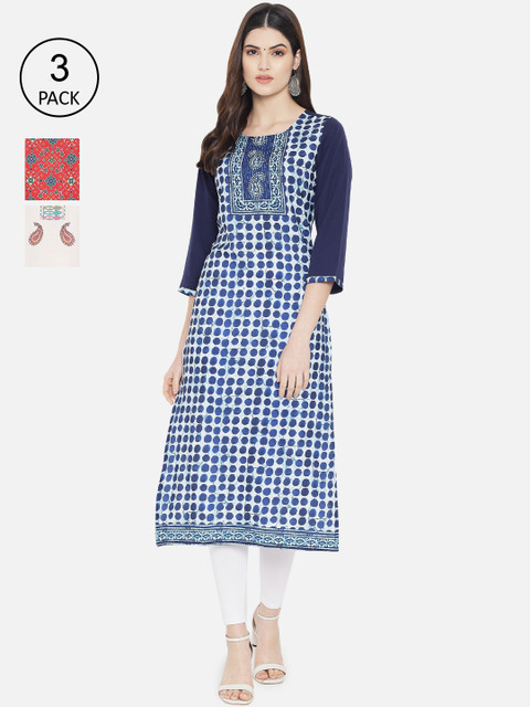 

7Threads Women Pack of 3 Ethnic Motifs Printed Crepe Kurta, Blue
