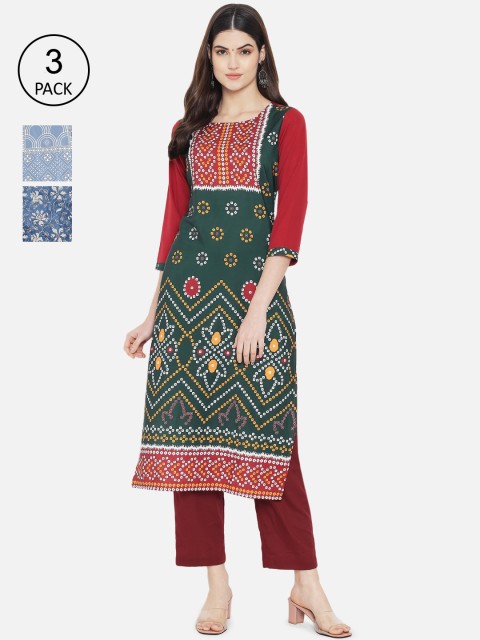 

7Threads Women Pack of 3 Ethnic Motifs Printed Crepe Kurta, Green