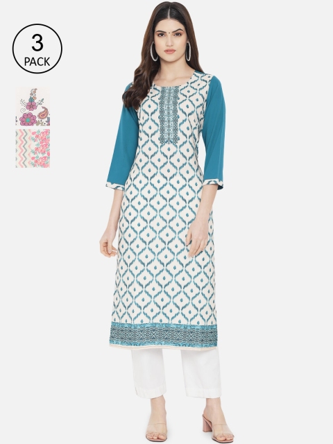 

7Threads Women Pack of 3 Printed Kurtas, Off white