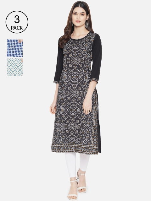 

7Threads Women Pack of 3 Multicoloured Printed Crepe Straight Kurta, Multi