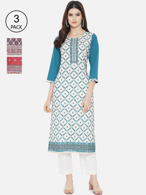 

7Threads Women Multicoloured Ethnic Motifs Printed Thread Work Crepe Kurta, Multi