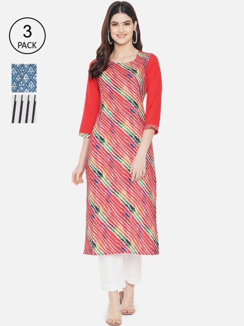 

7Threads Women Pack Of 3 Printed Crepe Kurta, Blue