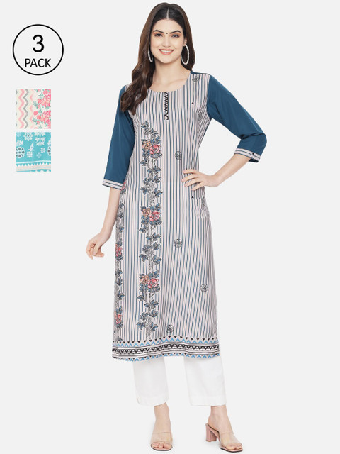 

7Threads Women Pack Of 3 Printed Crepe Kurta, Blue