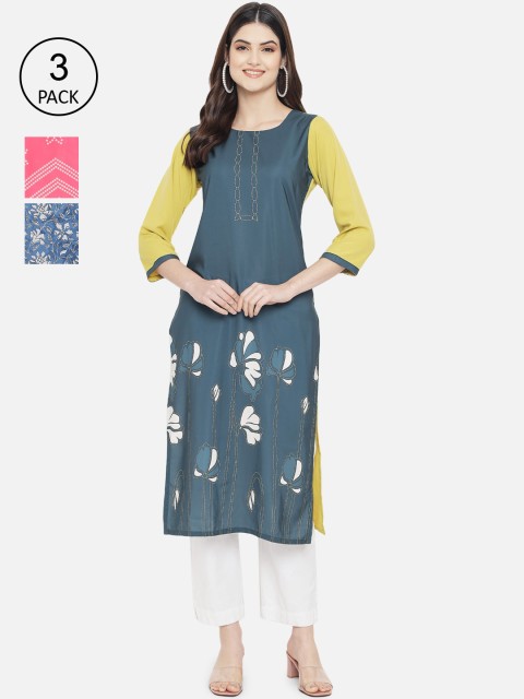

7Threads Women Multicoloured Floral Embroidered Keyhole Neck Crepe Kurta, Multi