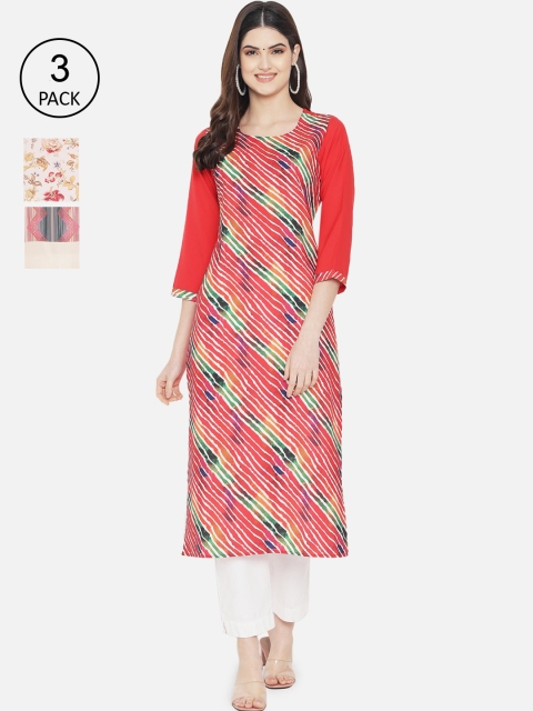 

7Threads Women Pack Of 3 Red & Beige Printed Crepe Kurta