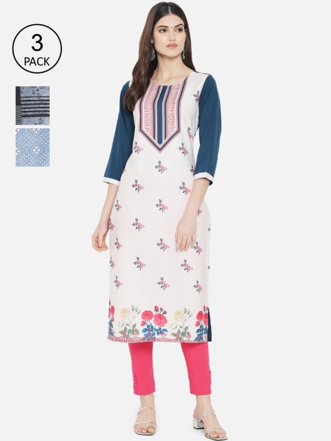 

7Threads Woman Pack of 3 Multicoloured Floral Printed Crepe Kurta, Multi