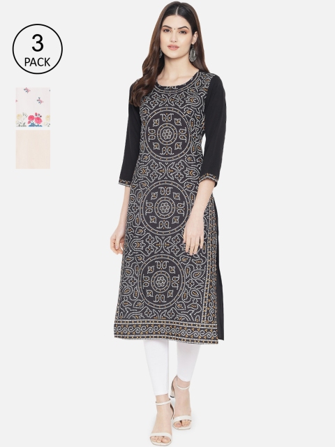 

7Threads Woman Pack of 3 Multicoloured Geometric Printed Crepe Kurta, Multi