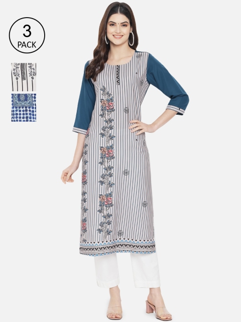 

7Threads Women Pack of 3 Printed Kurtas, Blue