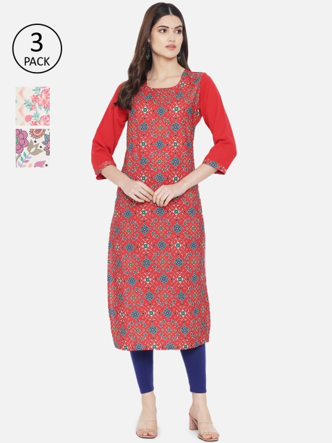 

7Threads Women Pack of 3 Multicoloured Printed Crepe Straight Kurta, Multi