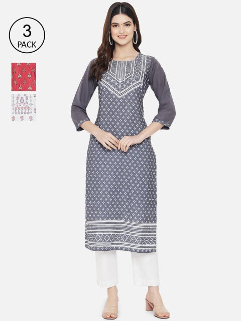 

7Threads Women Pack of 3 Ethnic Motifs Printed Crepe Kurta, Grey