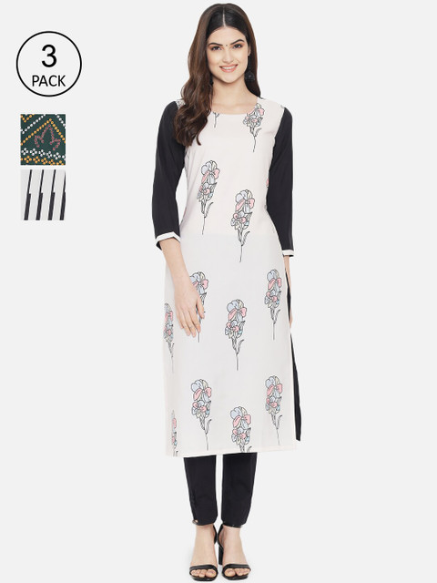 

7Threads Women Pack of 3 Digital Printed Crepe Kurta, Multi