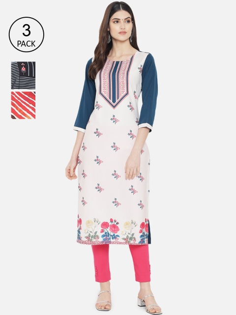 

7Threads Women Multicoloured Striped Mirror Work Crepe Kurta, Multi