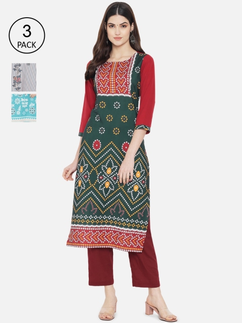 

7Threads Pack of 3 Women Ethnic Motifs Printed Crepe Kurta, Multi