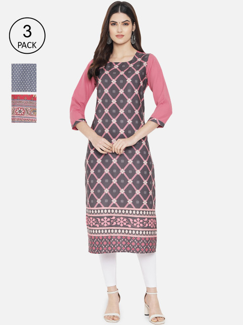 

7Threads Women Multicoloured Pack of 3 Ethnic Motifs Crepe Kurta, Multi