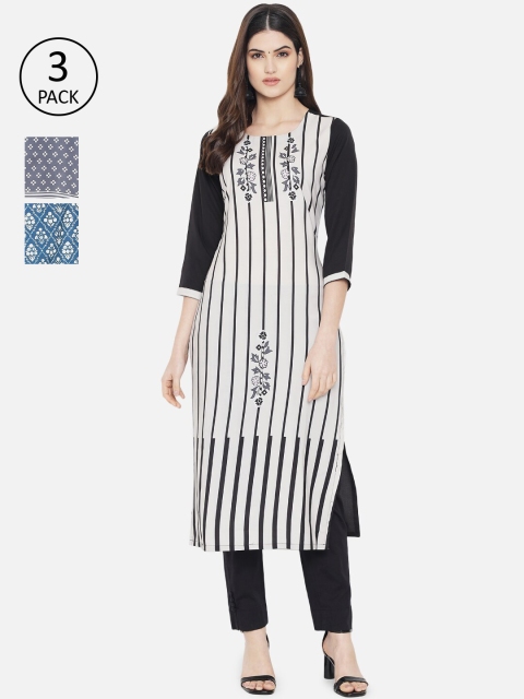 

7Threads Women Pack of 3 Ethnic Motifs Printed Crepe Kurta, White