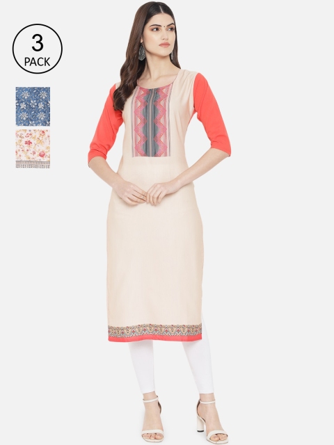 7Threads Women Pack Of 3 Floral Printed Crepe Kurta, Multi