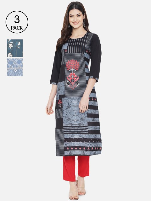 

7Threads Women Multicoloured Pack of 3 Printed Crepe Kurta, Multi