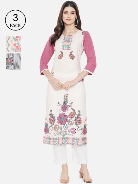 

7Threads Women Multicoloured Pack of 3 Ethnic Motifs Crepe Kurta, Multi