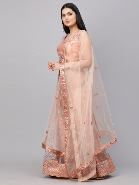 

Rajesh Silk Mills Peach-Coloured & Turquoise Blue Semi-Stitched Lehenga Choli With Blouse