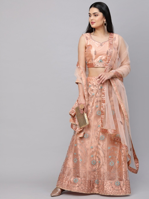 

Rajesh Silk Mills Peach-Coloured & Blue Embellished Semi-Stitched Lehenga & Unstitched Blouse With Dupatta