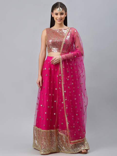 

studio rasa Women Pink Embroidered Semi-Stitched Lehenga & Unstitched Blouse With Dupatta