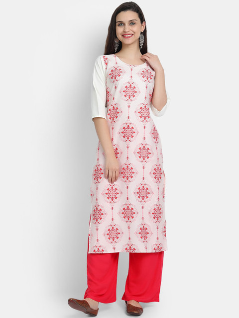 

KALINI Women White & Red Ethnic Motifs Printed Crepe Kurta