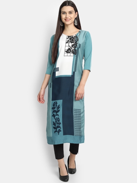 

KALINI Women Turquoise Blue & Black Floral Printed Crepe Straight Kurta