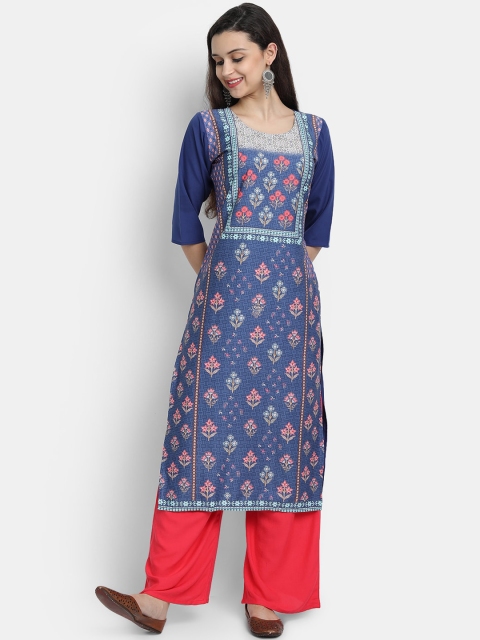 

KALINI Women Blue & Pink Floral Printed Crepe Straight Kurta