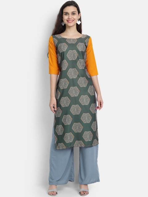 

KALINI Women Green & Orange Geometric Printed Crepe Straight Kurta