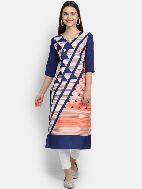 

KALINI Women Navy Blue & Coral Geometric Printed Crepe Kurta