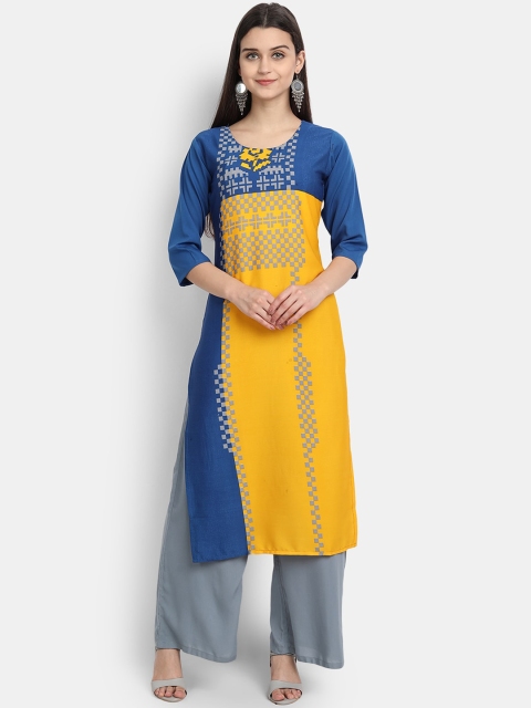 

KALINI Women Yellow Geometric Embroidered Thread Work Crepe Kurta