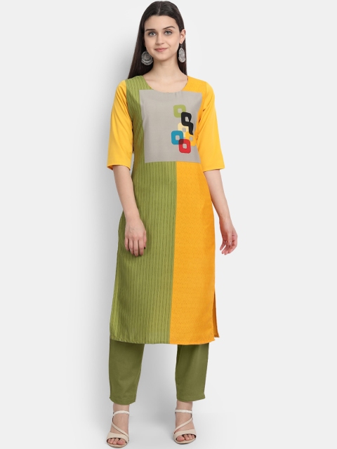 

KALINI Women Yellow & Green Colourblocked Round Neck Crepe Straight Kurta