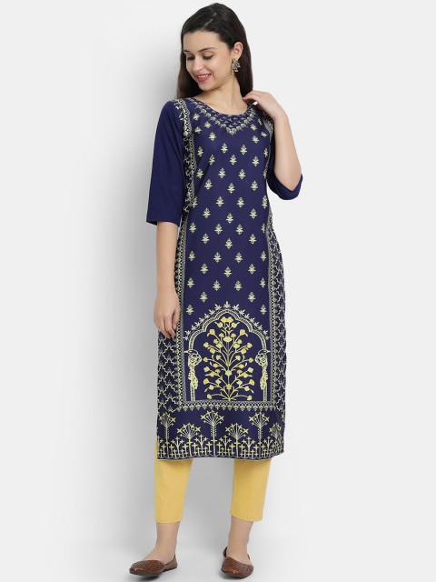 

KALINI Women Blue & Yellow Ethnic Motifs Printed Crepe Kurta