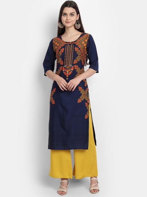 

KALINI Women Blue Floral Embroidered Thread Work Crepe Kurta