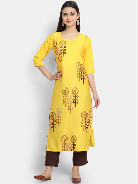 

KALINI Women Yellow Ethnic Motifs Printed Thread Work Crepe Kurta