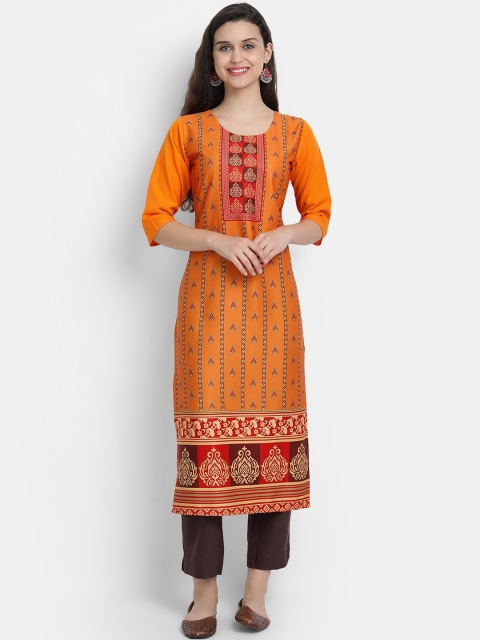 

KALINI Women Orange & Red Ethnic Motifs Printed Crepe Kurta