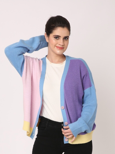 

NoBarr Women Blue & Pink Colourblocked Cardigan