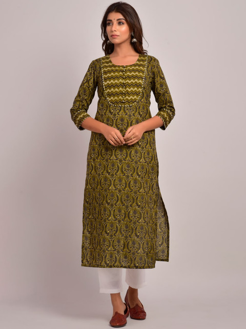 

Swasti Women Green & Grey Ethnic Motifs Printed Cotton Kurta