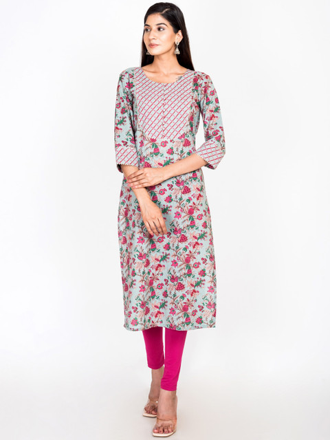 

Swasti Women Green & Pink Ethnic Motifs Printed Cotton Kurta