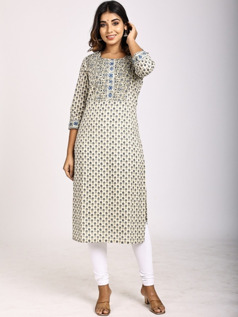 

Swasti Women Off White & Blue Ethnic Motifs Printed Floral Kurta