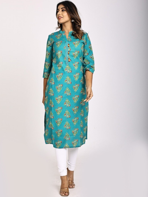 

Swasti Women Turquoise Blue & Green Ethnic Motifs Printed Thread Work Cotton Kurta