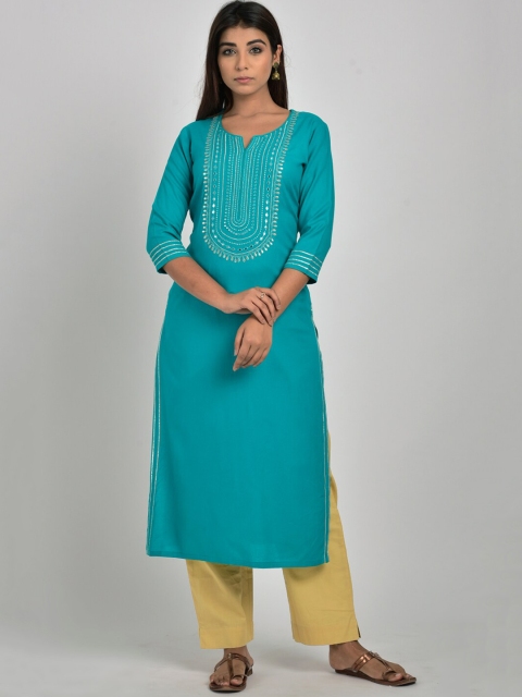 

Swasti Women Turquoise Blue & Silver-Toned Geometric Yoke Design Thread Work Kurta