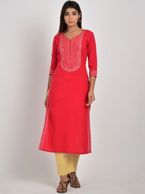 

Swasti Women Red & Silver-Toned Geometric Yoke Design Thread Work Kurta