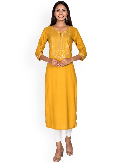 

Swasti Women Mustard Yellow Flared Sleeves Mirror Work Floral Kurta
