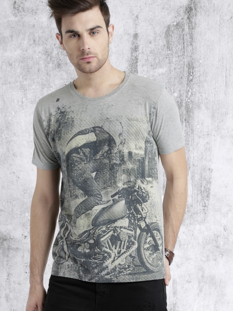 

Roadster Men Grey Melange Printed Round Neck T-shirt